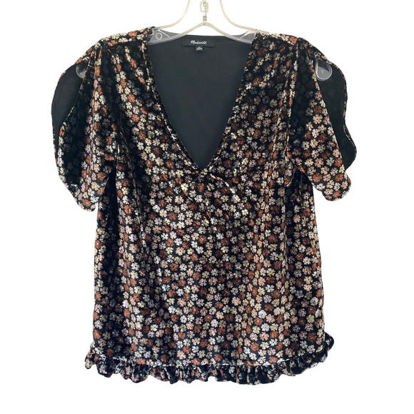 Madewell Tops - Madewell Velvet Split Sleeve Ruffle Hem Floral Top Black Brown K2795 XS